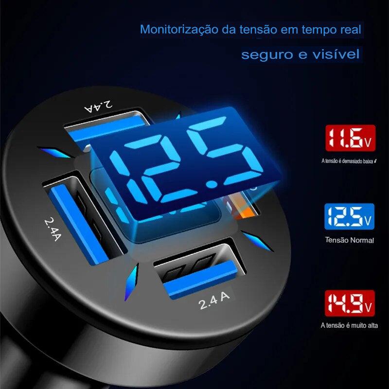 Carregador 4 em 1 turbo, USB A+USB C e voltímetro - Motorista Online Br