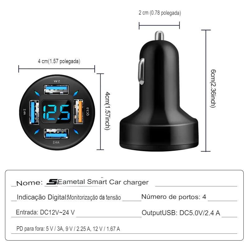 Carregador 4 em 1 turbo, USB A+USB C e voltímetro - Motorista Online Br