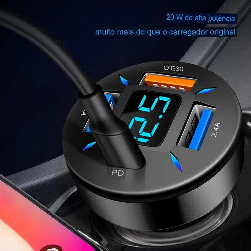 Carregador 4 em 1 turbo, USB A+USB C e voltímetro - Motorista Online Br